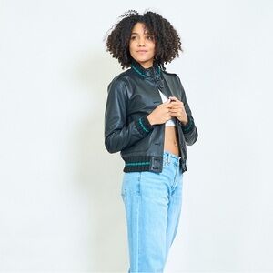 Women's Black Leather Jacket with Green Accents